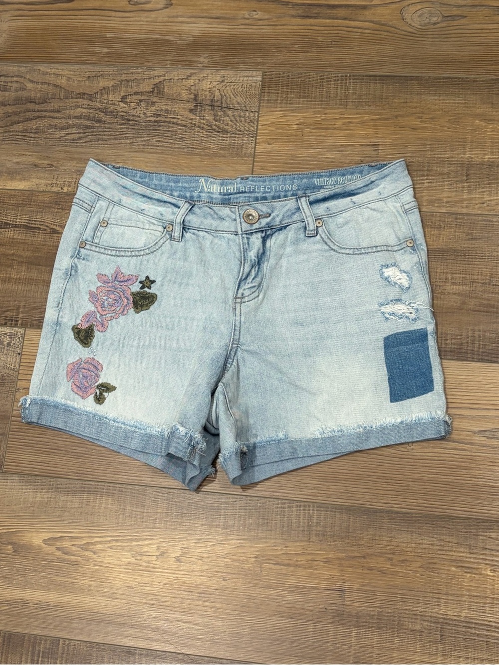 Natural Reflections Light wash distressed Denim Shorts with Pink Rose Embroidery